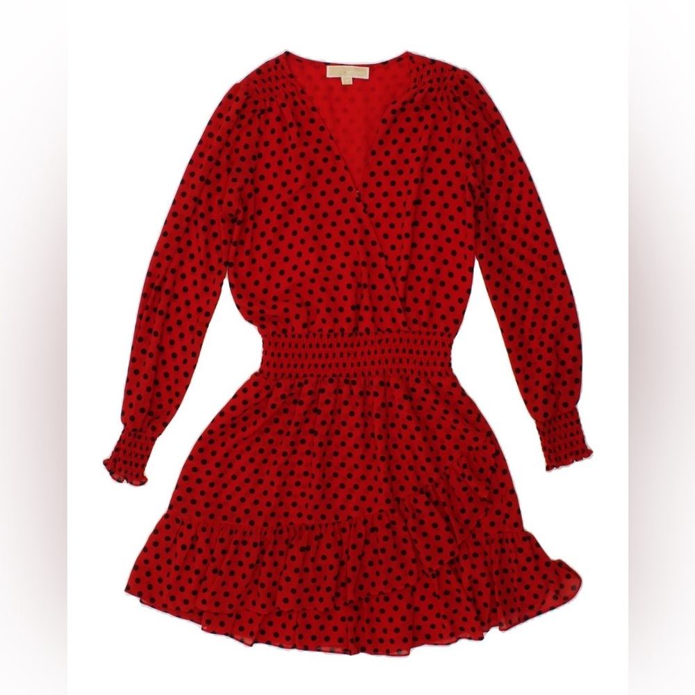 MICHAEL KORS WOMENS RED POLKA DOT LONG SLEEVE A-LINE DRESS SIZE MEDIUM
